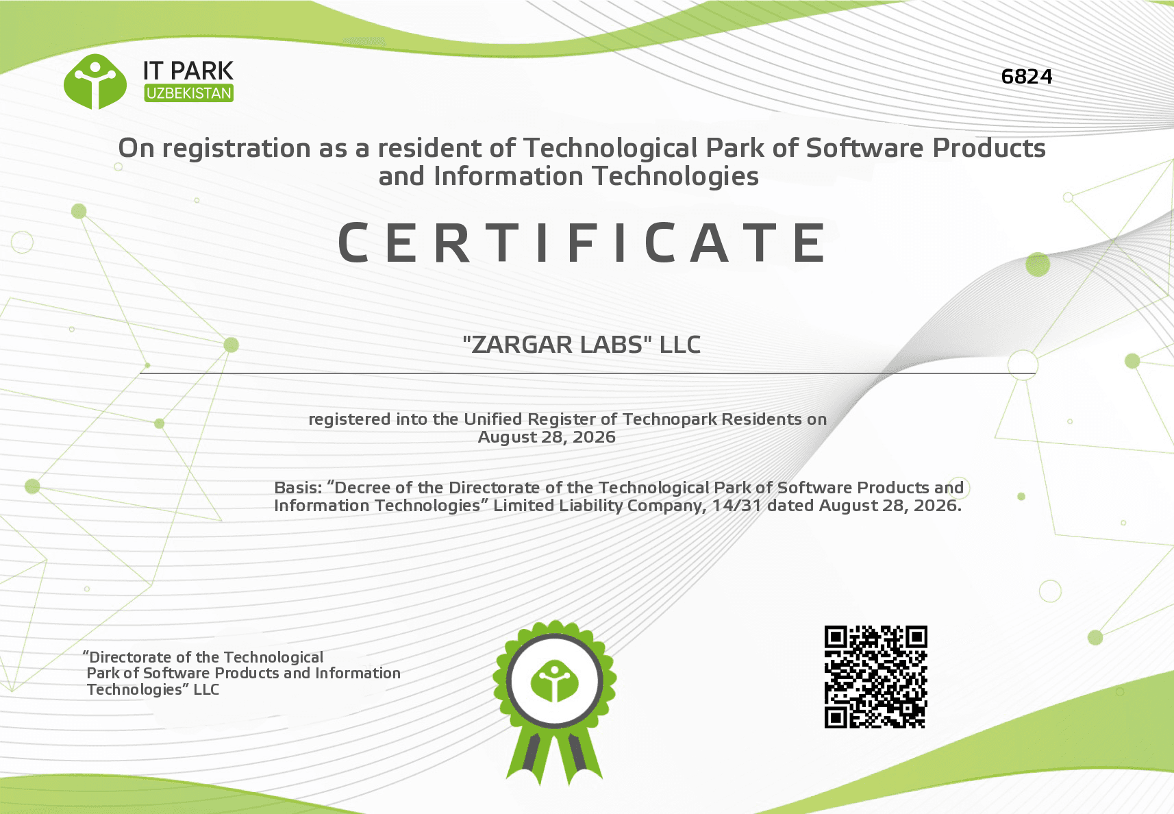 IT Park Uzbekistan Certificate №6824 confirming ZARGAR LABS LLC registration as a resident on August 28, 2026